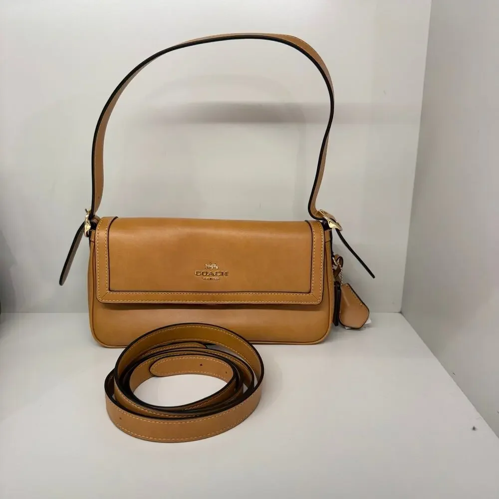 NEW‼️Coach Etta Small Flap Shoulder Bag CCV63  smooth leather/Gold/Brown